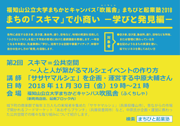 11/30〜福知山公立大学まちかどキャンパス「吹風舎」 まちびと起業塾2018 まちの「スキマ」で小商いー学びと発見編ー