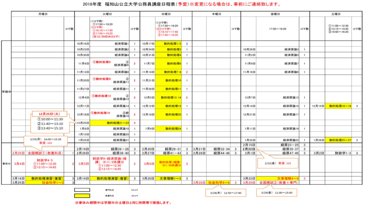 公務員講座開講スケジュール（2019年2月～春季期間中