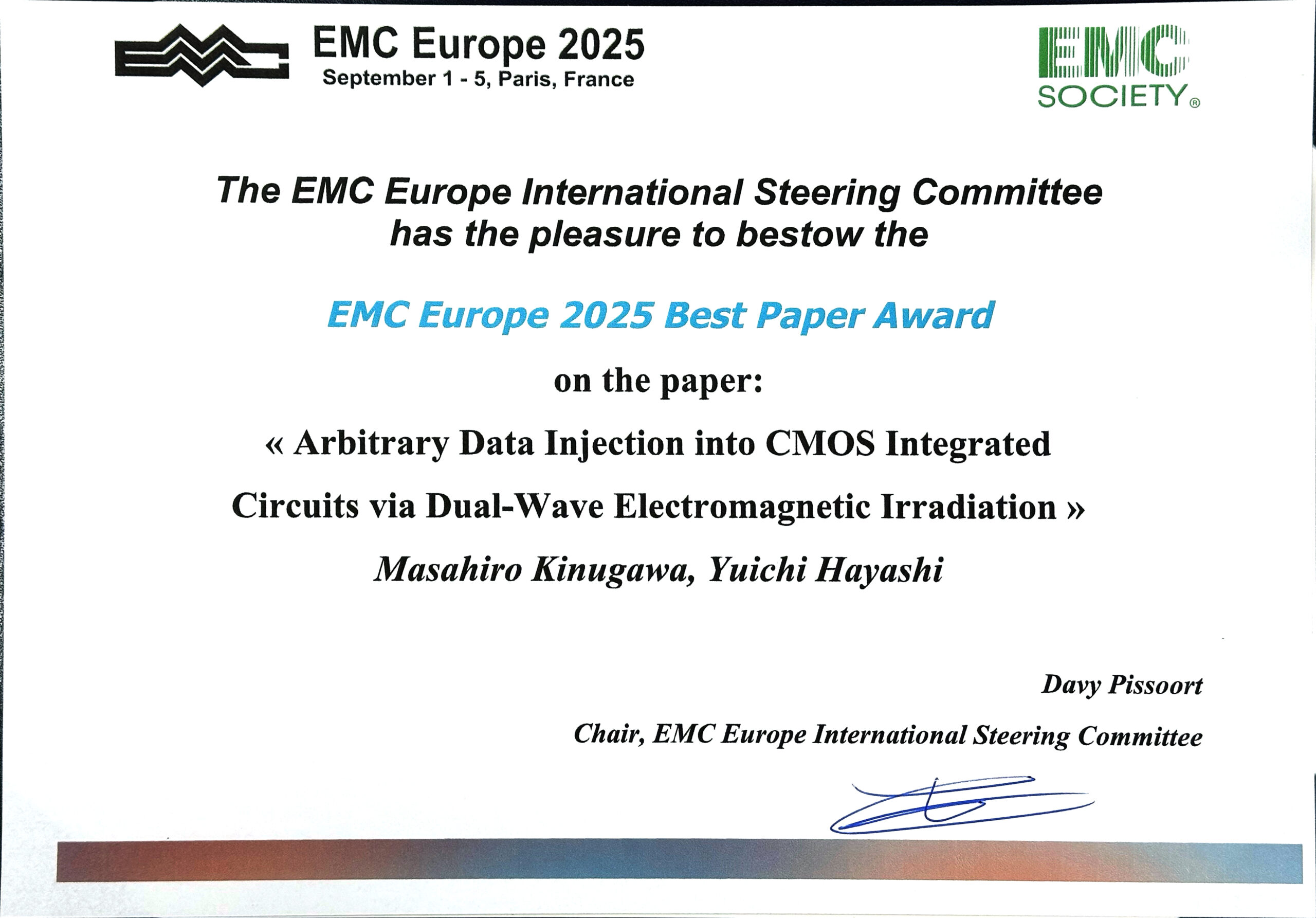 本学教員の研究論文が「EMC Europe 2025」において、最優秀論文